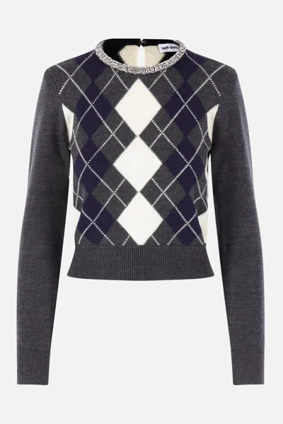 Self-portrait Womens Self Portrait Argyle Crystal Wool Jumper In Gray