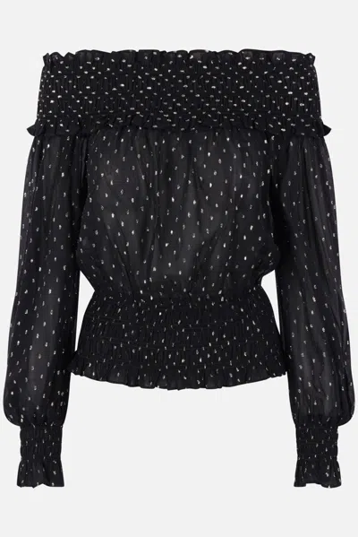 Self-portrait Shirred Metallic-effect Off-shoulder Top In Black