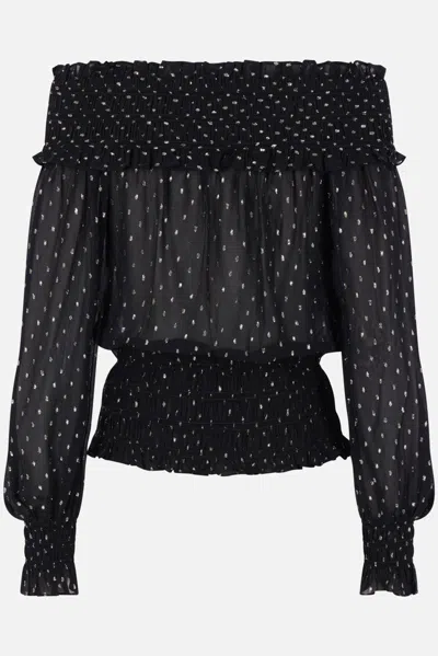 Self-portrait Shirred Metallic-effect Off-shoulder Top In Black