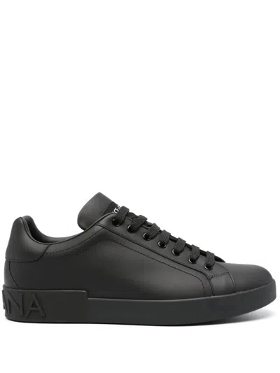 Dolce & Gabbana Portofino Black Low Top Sneakers With Logo Lettering Detail In Smooth Leather Man In Black
