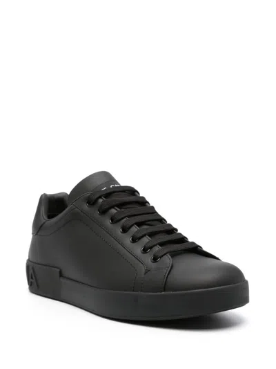 Dolce & Gabbana Portofino Black Low Top Sneakers With Logo Lettering Detail In Smooth Leather Man In Black