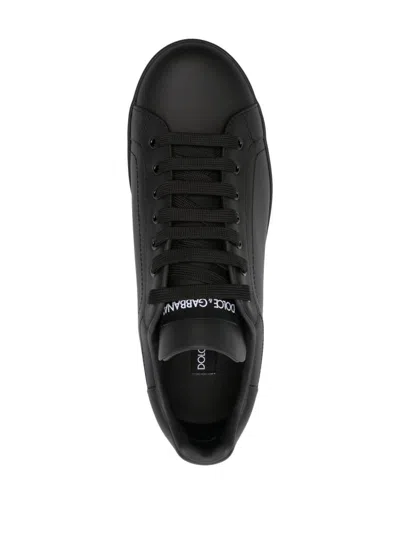 Dolce & Gabbana Portofino Black Low Top Sneakers With Logo Lettering Detail In Smooth Leather Man In Black