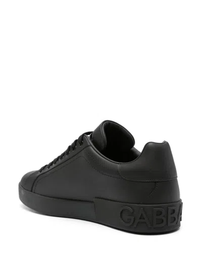 Dolce & Gabbana Portofino Black Low Top Sneakers With Logo Lettering Detail In Smooth Leather Man In Black