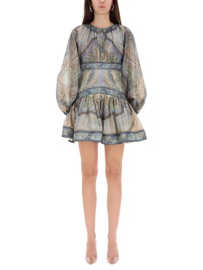 Zimmermann Wanderlust Multicolor Crewneck Mini Dress With Puffed Long Sleeves And All-over Print In Cotton And  In Brown