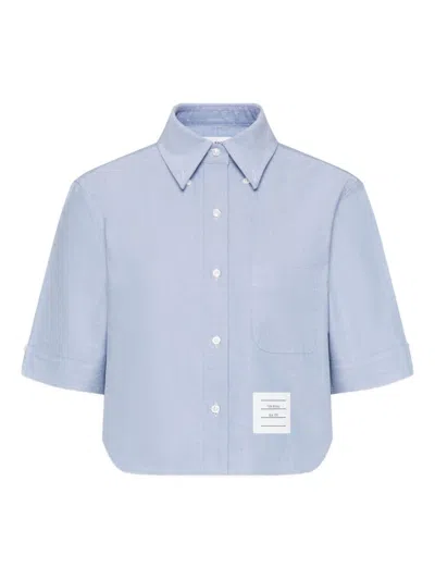 Thom Browne Cropped Cotton Shirt Boxy Fit Patch Pocket In Blue