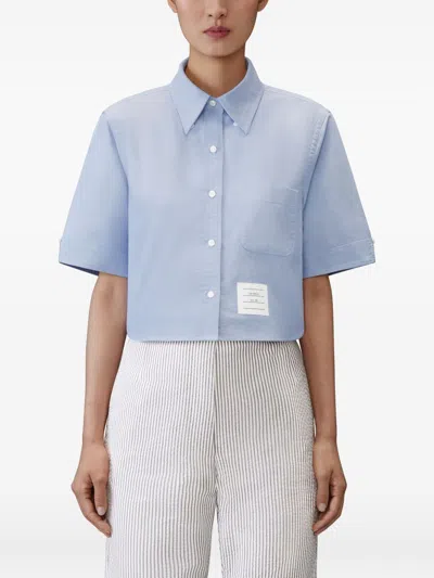 Thom Browne Cropped Cotton Shirt Boxy Fit Patch Pocket In Blue