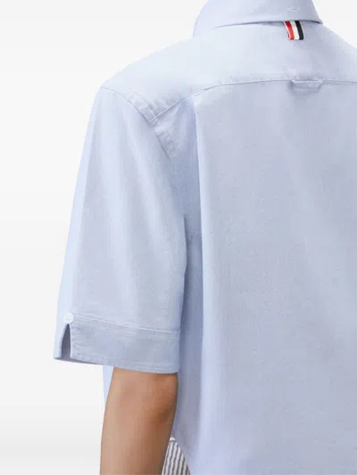 Thom Browne Cropped Cotton Shirt Boxy Fit Patch Pocket In Blue