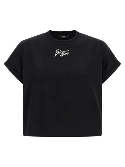 Balmain Cropped Logo Cotton T-shirt In Black