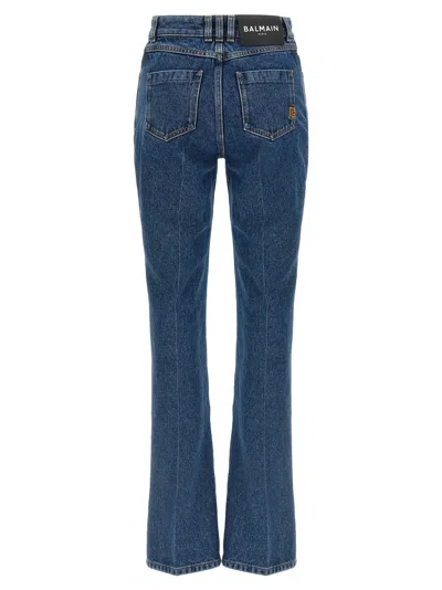 Balmain Embroidered Denim Trousers Belt Loops Pockets In Blue