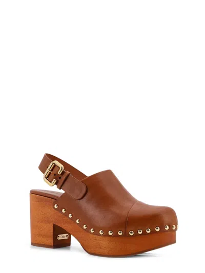 Chloé Chunky Heel Stud Embellishments Wooden Platform Pumps In Ginger Brown