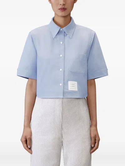 Thom Browne Cropped Cotton Shirt Boxy Fit Patch Pocket In Blue