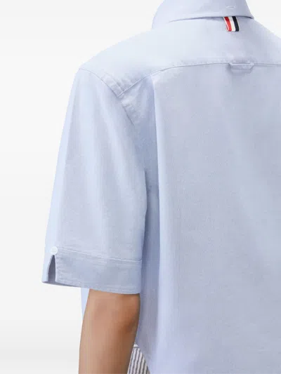 Thom Browne Cropped Cotton Shirt Boxy Fit Patch Pocket In Blue