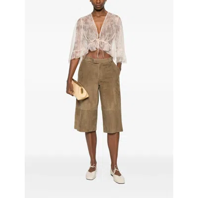 Alberta Ferretti Lace Cropped Top Sheer Flared Sleeves Drawstring In Neutral