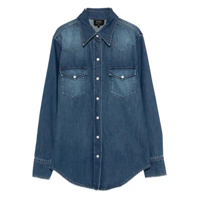 Apc Long-sleeved Denim Shirt In Blue