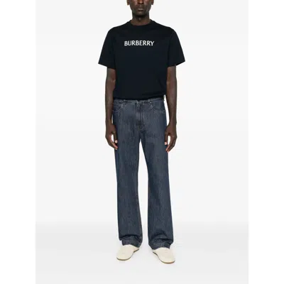 Burberry Men Black Crewneck T-shirt With Logo Lettering On The Front In Cotton Man In Black