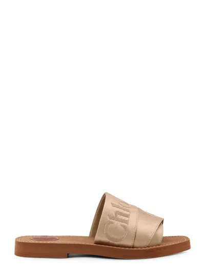 Chloé Woody Satin Sandals Embroidered Logo Rubber Sole In Brown