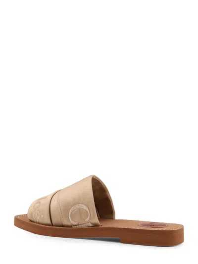 Chloé Woody Satin Sandals Embroidered Logo Rubber Sole In Brown