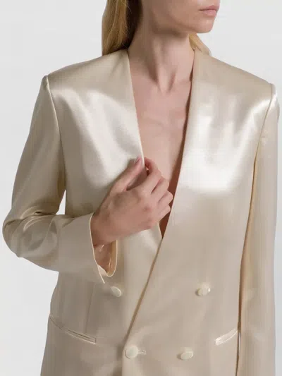 Alberta Ferretti Longline Jacket Satin Finish Notched Lapels In Neutral