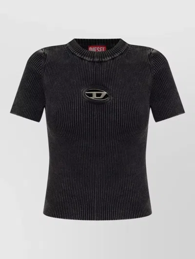 Diesel Short Sleeve Ribbed Crew Neck Top In Black