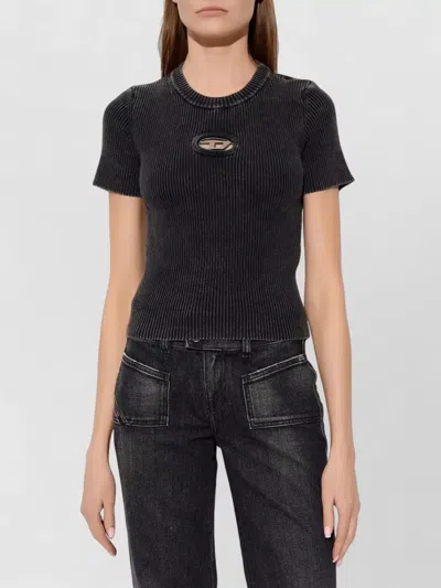 Diesel Short Sleeve Ribbed Crew Neck Top In Black