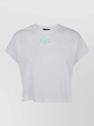 Balmain Paris Logo Cropped Crew Neck T Shirt In White