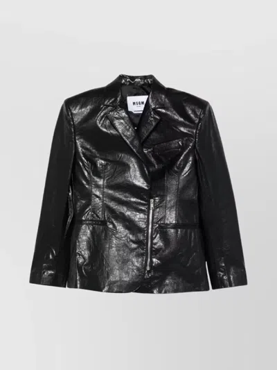 Msgm Structured Black Jacket With Glossy Finish And Notched Lapel In Black