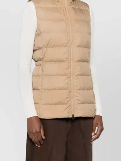 Woolrich High Neck Sleeveless Quilted Padded Vest In Brown