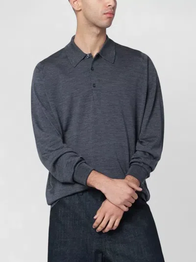John Smedley Wool Polo Shirt Long Sleeves Ribbed Cuffs In Black