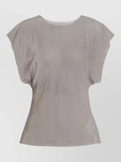 Alberta Ferretti Crystal Mesh Round Neck Cap Sleeve Top In Gray