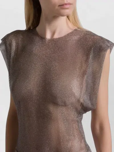 Alberta Ferretti Crystal Mesh Round Neck Cap Sleeve Top In Gray