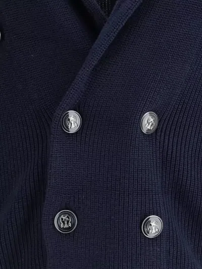 Brunello Cucinelli Double Breasted Ribbed Knit Button Cardigan In Blue