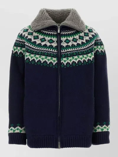 Miu Miu Wool Oversized Cardigan High Collar Patterned In Black