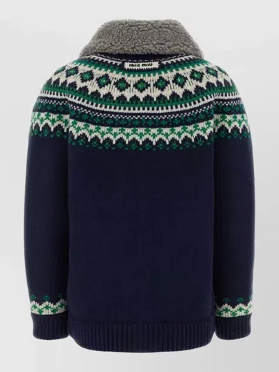 Miu Miu Wool Oversized Cardigan High Collar Patterned In Black