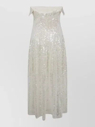 Alberta Ferretti Sequin Dress Floor Length Off Shoulder In Metallic