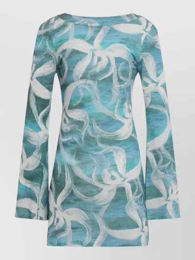 Louisa Ballou Viscose Dress Abstract Pattern Bow Neckline In Blue