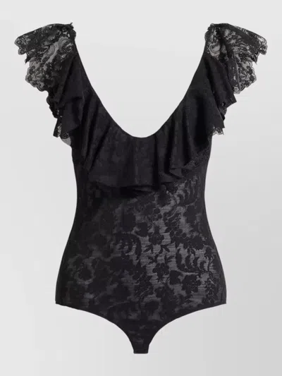 Alberta Ferretti Lace Bodysuit Deep Neckline Floral Pattern In Black