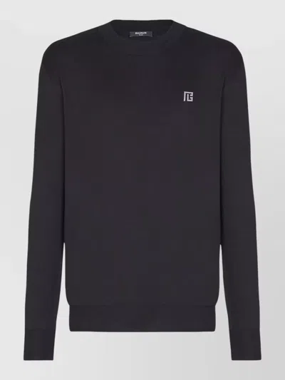 Balmain Long Sleeve Crew Neck Knit Sweater In Black