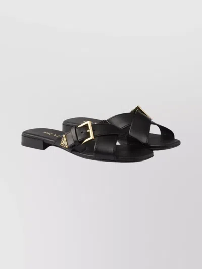 Prada Leather Crisscross Slides With Buckle In Multi