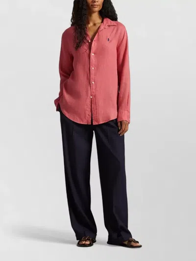 Polo Ralph Lauren Long Sleeve Shirt Curved Hem Front Buttons In Pink
