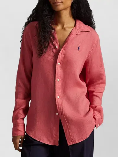 Polo Ralph Lauren Long Sleeve Shirt Curved Hem Front Buttons In Pink