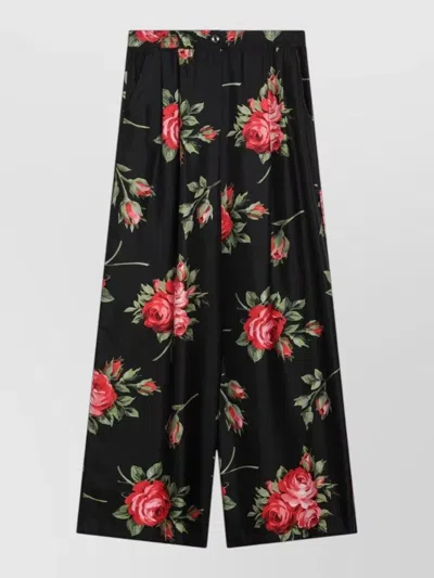Dolce & Gabbana Wide Twill Trousers With Rose Bouquet Print In Black