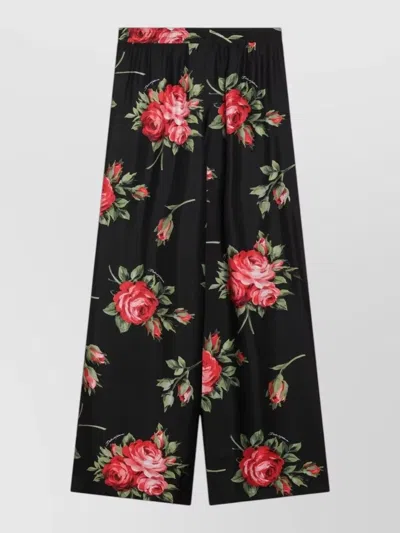 Dolce & Gabbana Wide Twill Trousers With Rose Bouquet Print In Black