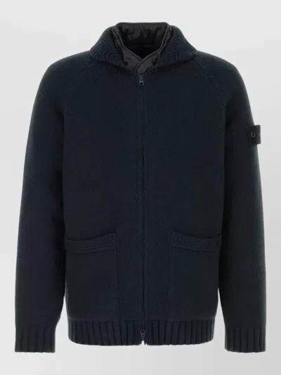 Stone Island Cashmere Cardigan High Collar Ribbed Cuffs Hem In Blue