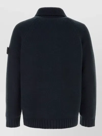 Stone Island Cashmere Cardigan High Collar Ribbed Cuffs Hem In Blue