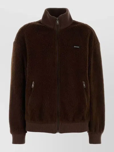 Prada Pile Bomber Jacket High Collar Ribbed Cuffs In Burgundy