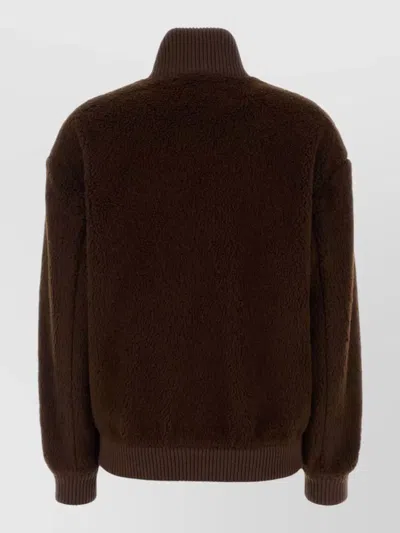 Prada Pile Bomber Jacket High Collar Ribbed Cuffs In Burgundy