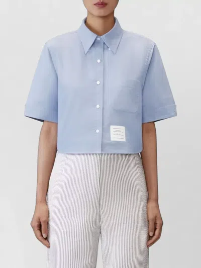 Thom Browne Cropped Cotton Shirt Boxy Fit Patch Pocket In Blue