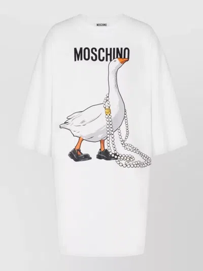 Moschino Crew Neck Graphic Print Silk Blend Dress In White