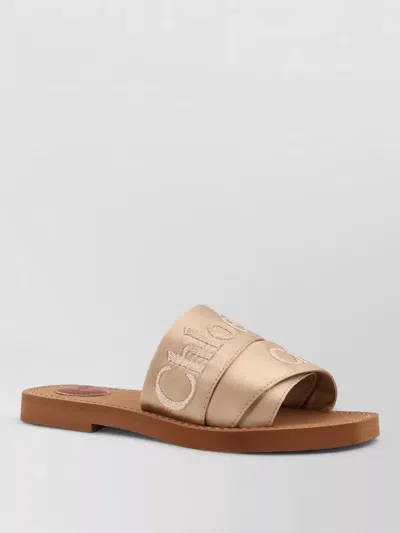 Chloé Woody Satin Sandals Embroidered Logo Rubber Sole In Brown