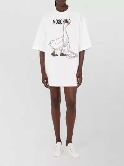 Moschino Crew Neck Graphic Print Silk Blend Dress In White